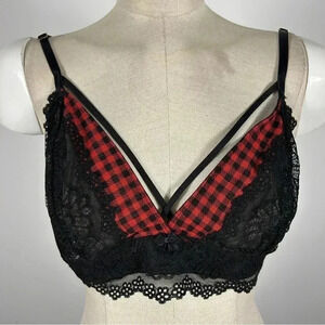 La Vie En Rose Plaid Lace Bra XL | Coquette Aesthetic Red & Black
